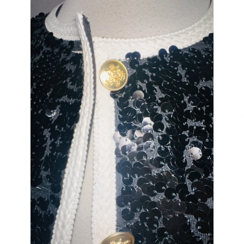 ND1 J. Crew Sequin Jacket Cropped Black‎ Gold Button White Trim Party Coat XS
